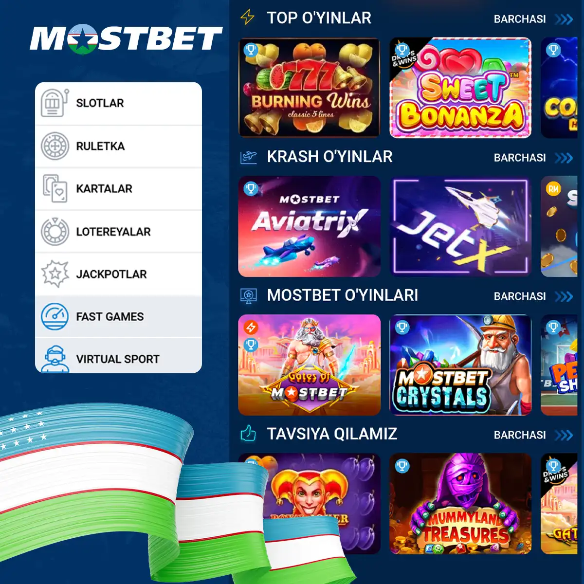 A variety of games for every taste at Mostbet Casino.